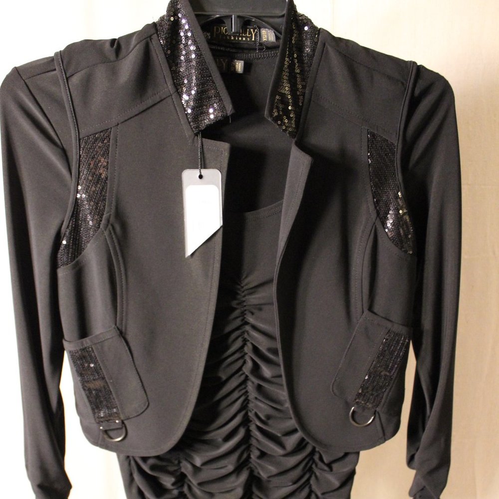 PICADILLY FASHIONS Black dress w/ruched body & matching sequin vest. Sz XS